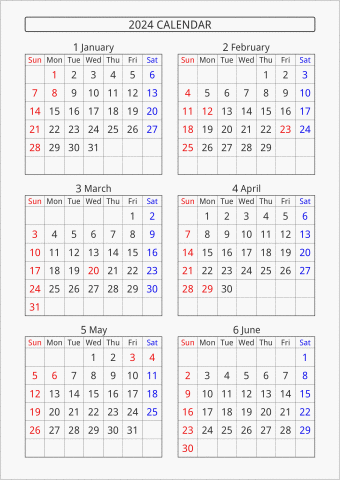 2024年 6ヶ月カレンダー 縦向き 曜日(英語)