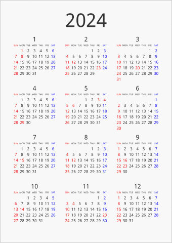 2024年 年間カレンダー シンプル 縦向き 曜日(英語)