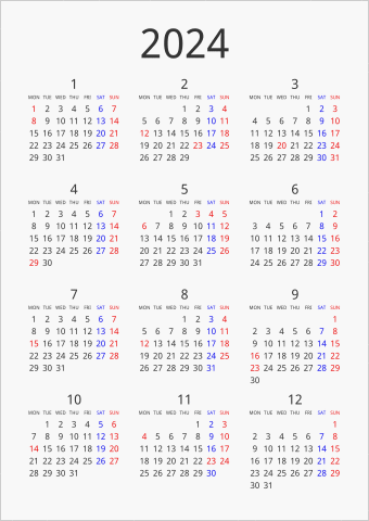 2024年 年間カレンダー シンプル 縦向き 月曜始まり 曜日(英語)