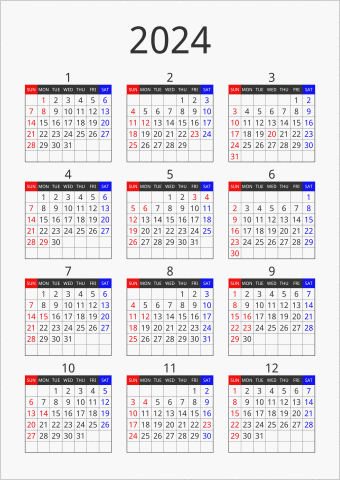 2024年 年間カレンダー フォーマル 縦向き 曜日(英語)