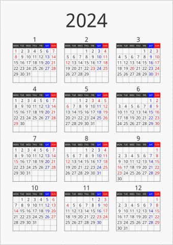 2024年 年間カレンダー フォーマル 縦向き 月曜始まり 曜日(英語)