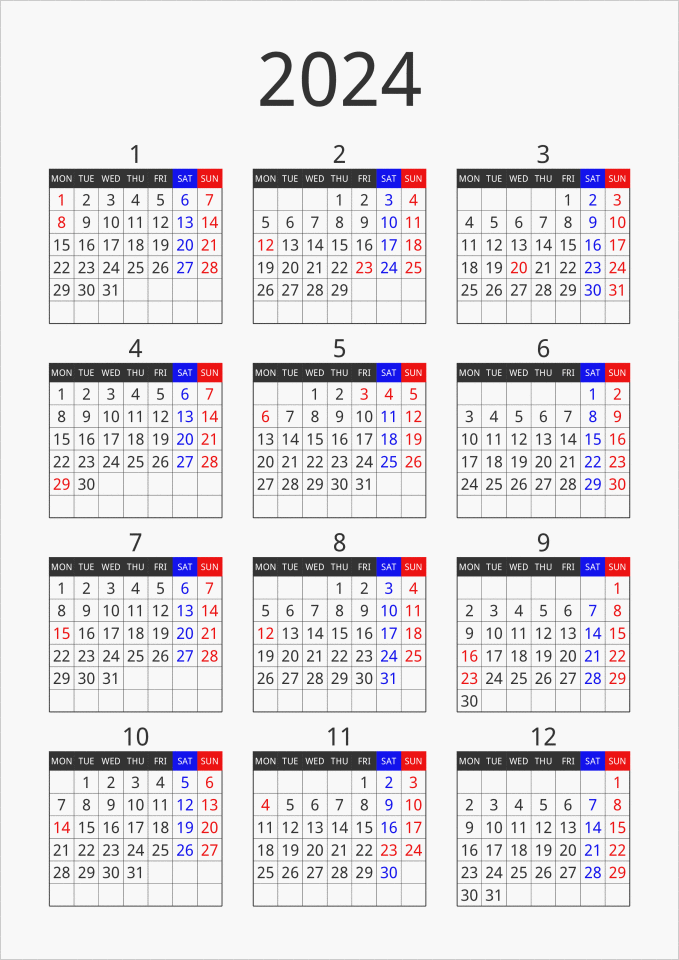 2024年 年間カレンダー フォーマル 縦向き パソコンカレンダーサイト