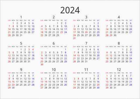 2024年 年間カレンダー シンプル 横向き 曜日(英語)