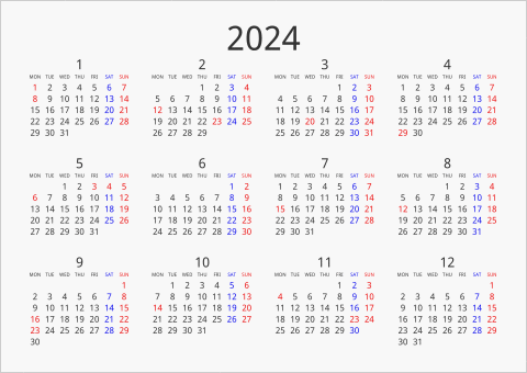2024年 年間カレンダー シンプル 横向き 月曜始まり 曜日(英語)