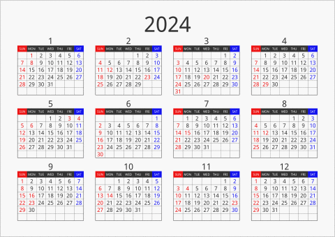 2024年 年間カレンダー フォーマル 横向き 曜日(英語)