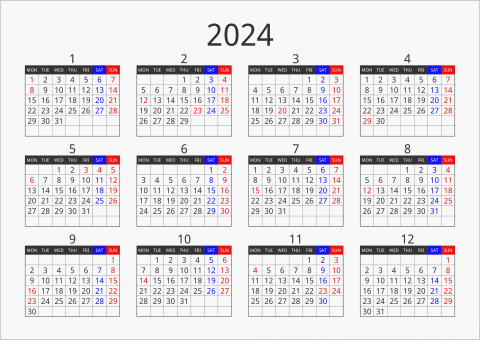 2024年 年間カレンダー フォーマル 横向き 月曜始まり 曜日(英語)