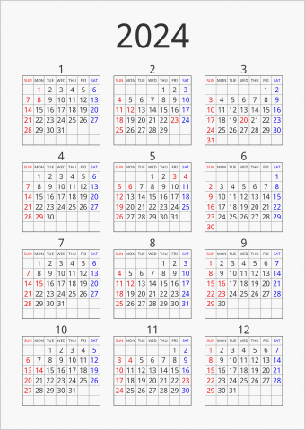 2024年 年間カレンダー シンプル 枠あり 縦向き 曜日(英語)