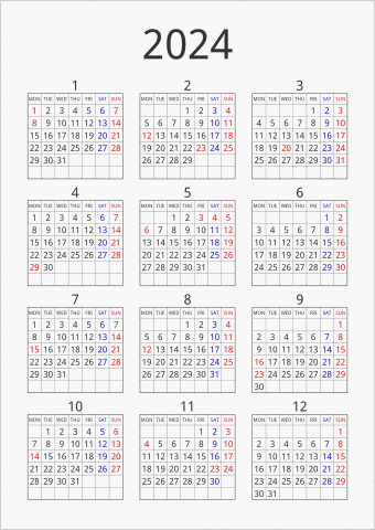 2024年 年間カレンダー シンプル 枠あり 縦向き 月曜始まり 曜日(英語)