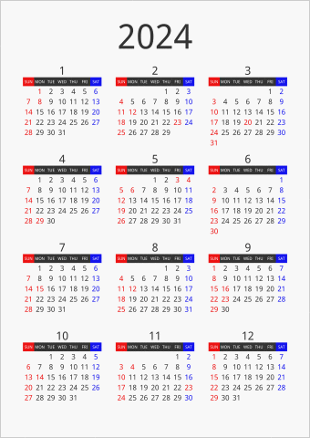2024年 年間カレンダー フォーマル 枠なし 縦向き 曜日(英語)