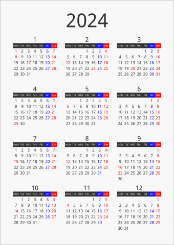 2024年 年間カレンダー フォーマル 枠なし 縦向き 月曜始まり 曜日(英語)
