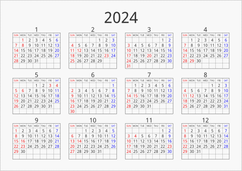 2024年 年間カレンダー シンプル 枠あり 横向き 曜日(英語)