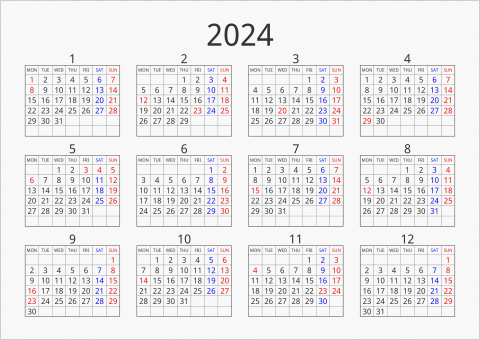 2024年 年間カレンダー シンプル 枠あり 横向き 月曜始まり 曜日(英語)