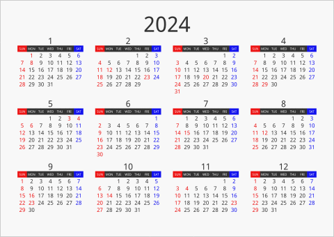 2024年 年間カレンダー フォーマル 枠なし 横向き 曜日(英語)