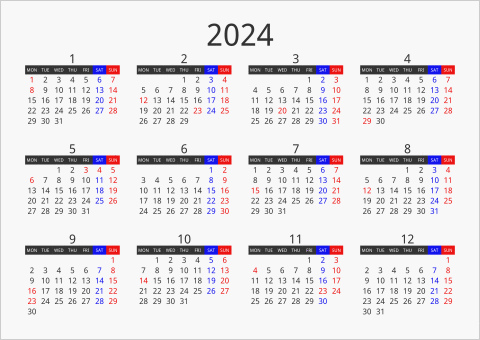 2024年 年間カレンダー フォーマル 枠なし 横向き 月曜始まり 曜日(英語)