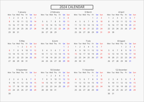 2024年 年間カレンダー 標準 枠なし 横向き 月曜始まり 曜日(英語)