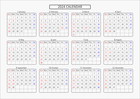 2024年 年間カレンダー 標準 角丸枠 横向き 曜日(英語)