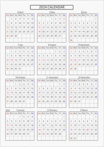 2024年 年間カレンダー 標準 枠あり 4月始まり 曜日(英語)