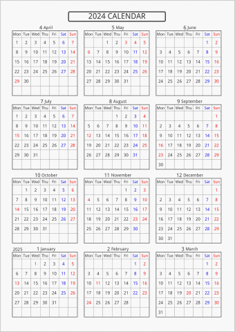 2024年 年間カレンダー 標準 枠あり 4月始まり 月曜始まり 曜日(英語)