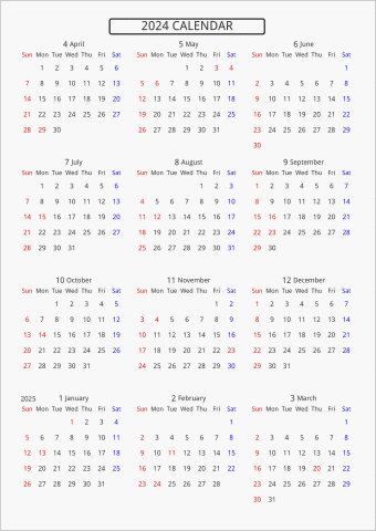 2024年 年間カレンダー 標準 枠なし 4月始まり 曜日(英語)