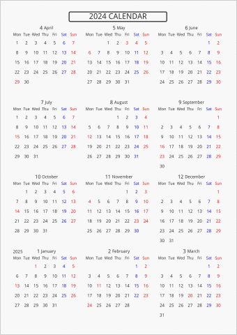 2024年 年間カレンダー 標準 枠なし 4月始まり 月曜始まり 曜日(英語)