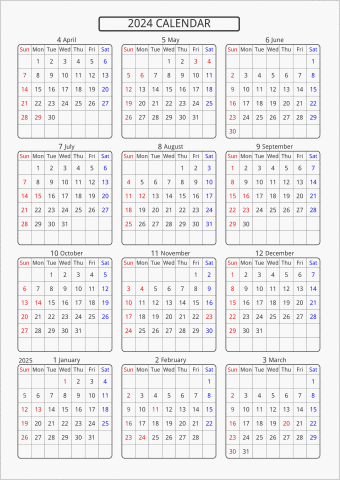 2024年 年間カレンダー 標準 角丸枠 4月始まり 曜日(英語)