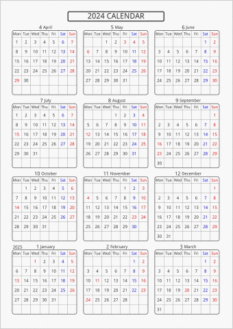 2024年 年間カレンダー 標準 角丸枠 4月始まり 月曜始まり 曜日(英語)