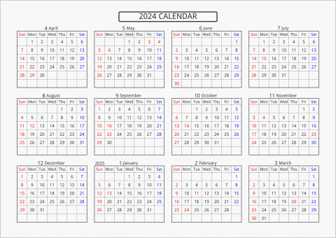 2024年 年間カレンダー 標準 横向き 4月始まり 曜日(英語)