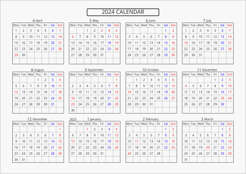 2024年 年間カレンダー 標準 横向き 4月始まり 月曜始まり 曜日(英語)