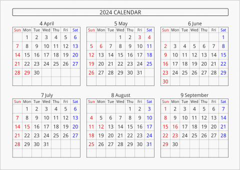 2024年 6ヶ月カレンダー 横向き 4月始まり 曜日(英語)