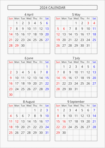 2024年 6ヶ月カレンダー 縦向き 4月始まり 曜日(英語)