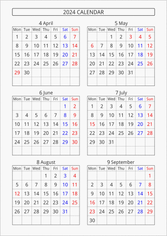 2024年 6ヶ月カレンダー 縦向き 4月始まり 月曜始まり 曜日(英語)