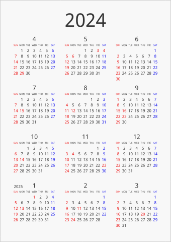 2024年 年間カレンダー シンプル 縦向き 4月始まり 曜日(英語)