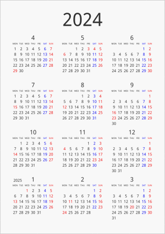 2024年 年間カレンダー シンプル 縦向き 4月始まり 月曜始まり 曜日(英語)
