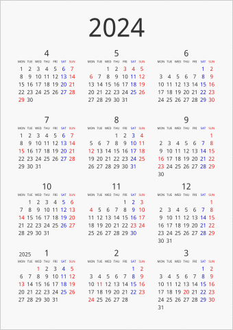 24年 年間カレンダー シンプル 縦向き パソコンカレンダーサイト