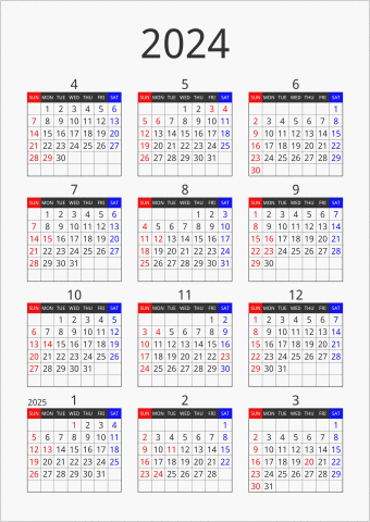 2024年 年間カレンダー フォーマル 縦向き 4月始まり 曜日(英語)