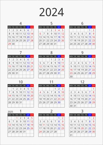 2024年 年間カレンダー フォーマル 縦向き 4月始まり 月曜始まり 曜日(英語)