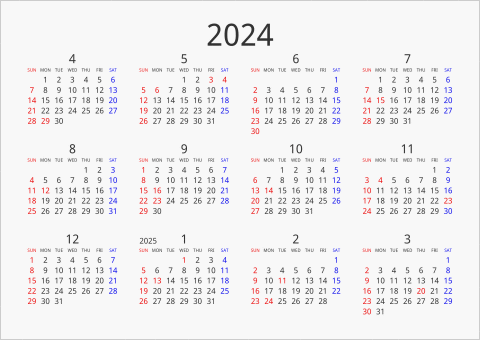 2024年 年間カレンダー シンプル 横向き 4月始まり 曜日(英語)