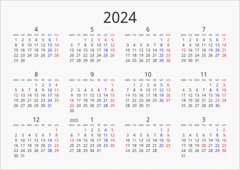 2024年 年間カレンダー シンプル 横向き 4月始まり 月曜始まり 曜日(英語)
