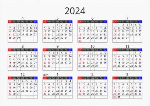 2024年 年間カレンダー フォーマル 横向き 4月始まり 曜日(英語)