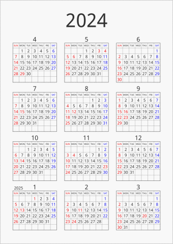 2024年 年間カレンダー シンプル 枠あり 縦向き 4月始まり 曜日(英語)