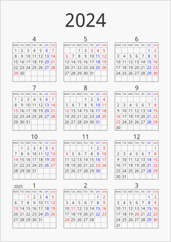 2024年 年間カレンダー シンプル 枠あり 縦向き 4月始まり 月曜始まり 曜日(英語)