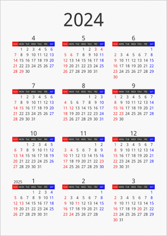 2024年 年間カレンダー フォーマル 枠なし 縦向き 4月始まり 曜日(英語)
