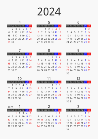 2024年 年間カレンダー フォーマル 枠なし 縦向き 4月始まり 月曜始まり 曜日(英語)