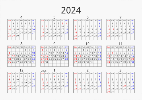 2024年 年間カレンダー シンプル 枠あり 横向き 4月始まり 曜日(英語)
