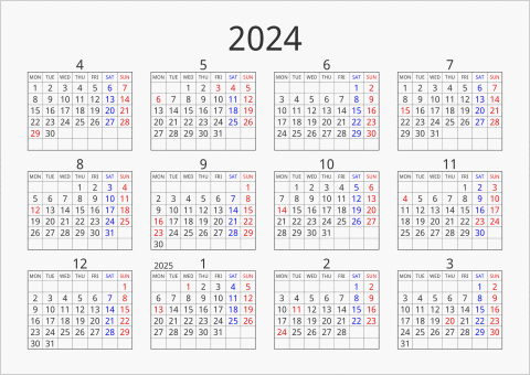 2024年 年間カレンダー シンプル 枠あり 横向き 4月始まり 月曜始まり 曜日(英語)