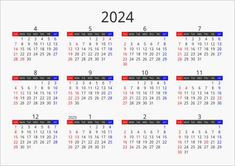 2024年 年間カレンダー フォーマル 枠なし 横向き 4月始まり 曜日(英語)