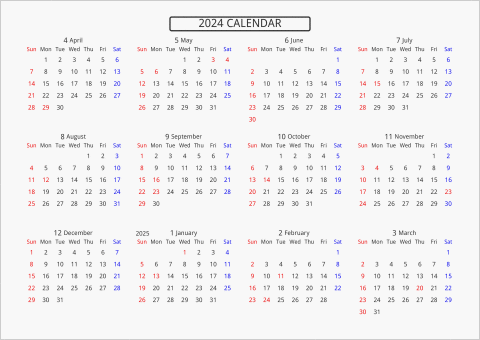 2024年 年間カレンダー 標準 枠なし 横向き 4月始まり 曜日(英語)