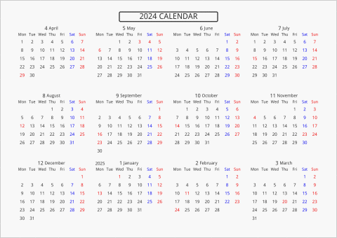 2024年 年間カレンダー 標準 枠なし 横向き 4月始まり 月曜始まり 曜日(英語)