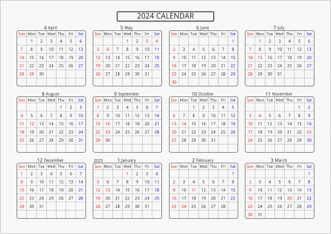 2024年 年間カレンダー 標準 角丸枠 横向き 4月始まり 曜日(英語)
