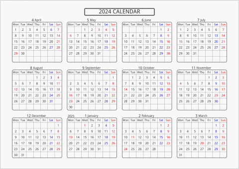 2024年 年間カレンダー 標準 角丸枠 横向き 4月始まり 月曜始まり 曜日(英語)